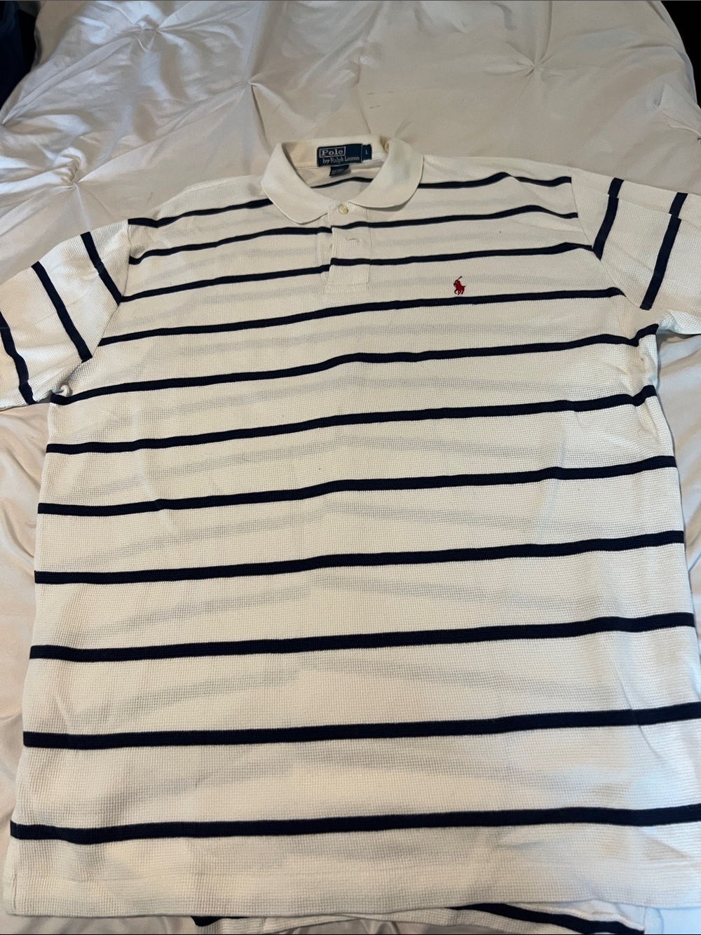 Polo by Ralph Lauren White Polo Shirt with Navy Stripes and Red Pony